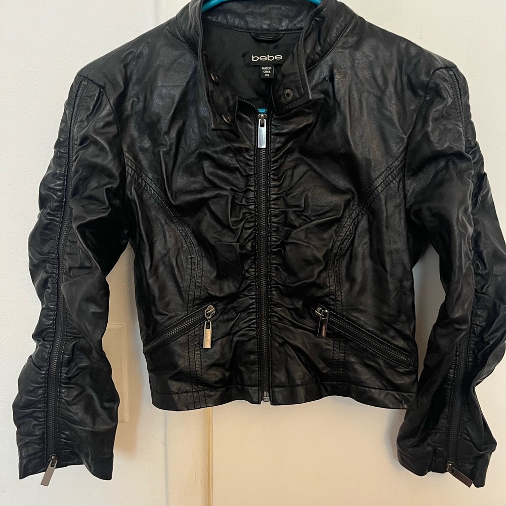 Bebe Black Leather Motorcycle Jacket with Zippered Cuffs